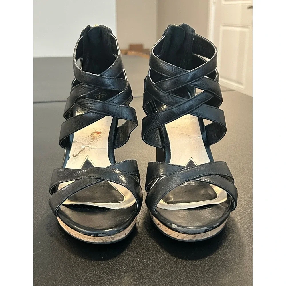 Isola Black Leather Strappy Wedge Sandals Cork Platform Back Zip Heels